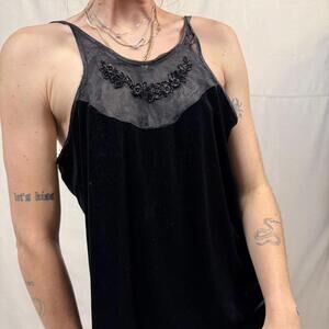 Vintage Black Velvet Slip Dress with Beaded Mesh Neckline